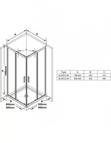 Dušo kabina Blix Slim BLSRV2 80-90cm, RAVAK